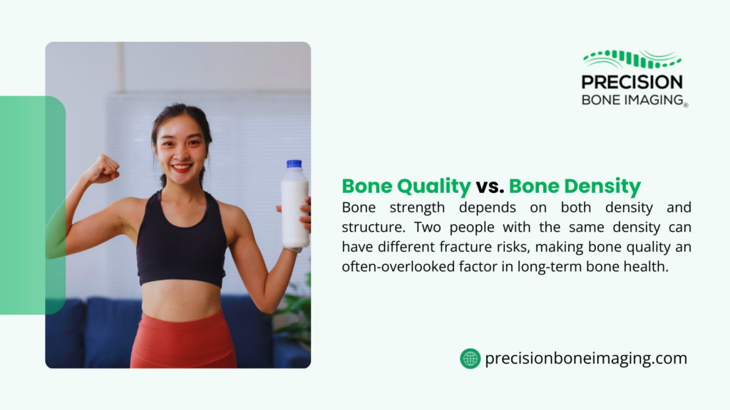 Fit woman flexing arm while holding milk bottle, illustrating bone quality vs. bone density as both structure and density determine bone strength.