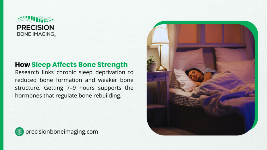 Precision Bone Imaging: How Sleep Affects Bone Strength. Chronic sleep deprivation reduces bone formation. 7-9 hours supports hormones for bone rebuilding.