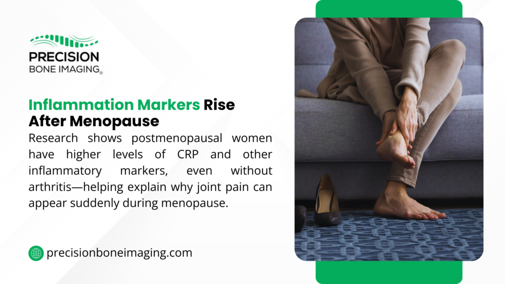 Woman experiencing menopause-related joint pain while sitting on couch, illustrating inflammation markers rise after menopause.