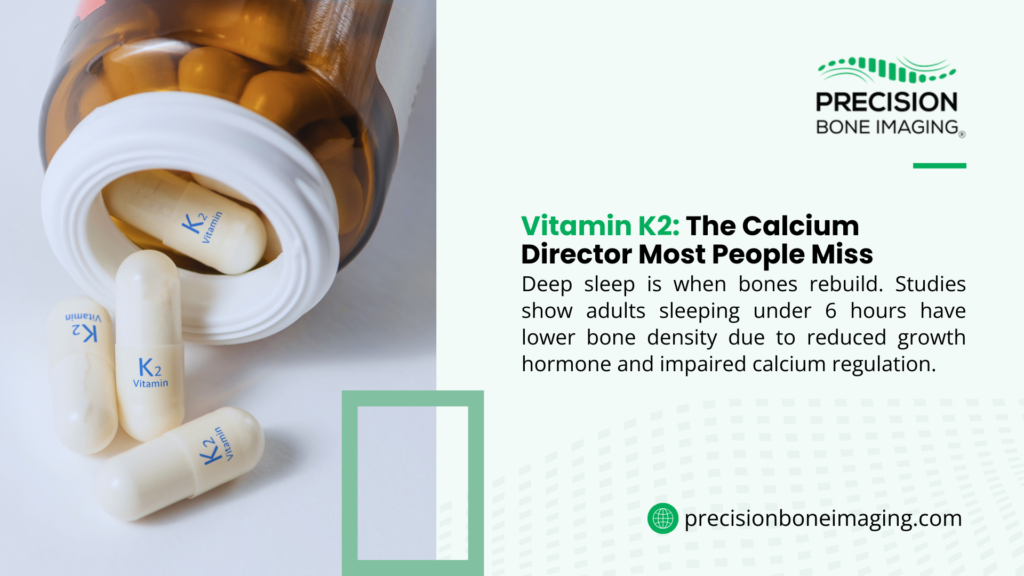 Infographic from Precision Bone Imaging showing Vitamin K2 as the calcium director for bone health.