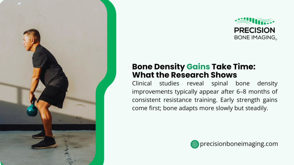 Man performing kettlebell deadlift exercise, demonstrating bone density gains take time with research showing spinal improvements after 6-8 months of training.