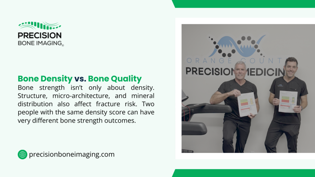 Two clinicians holding bone density reports at Orange County Precision Medicine, illustrating the difference between bone density and bone quality.