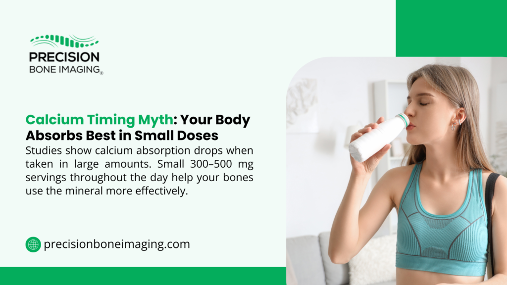 Precision Bone Imaging: Calcium Timing Myth – Body absorbs best in small 300-500mg doses throughout the day, not large amounts. Woman drinking milk.