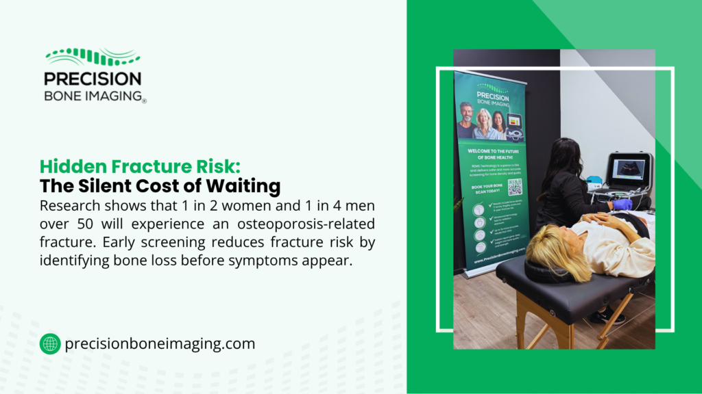 Infographic on hidden fracture risk from osteoporosis, showing woman undergoing bone density imaging scan with early screening and prevention research.