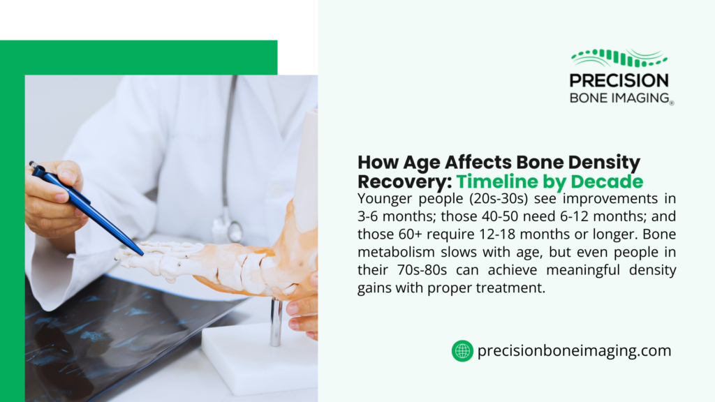 Doctor reviewing bone density X-ray scan; infographic about age effects on bone density recovery timeline by Precision Bone Imaging.