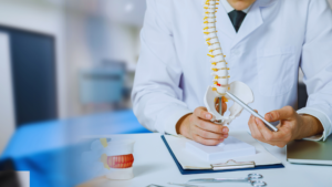 Graphic from Precision Bone Imaging showing a doctor in white coat pointing with a pen at a spine and pelvis skeletal model during a consultation, emphasizing advanced bone health assessment beyond traditional methods.