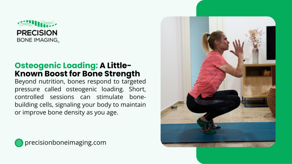 Precision Bone Imaging: Woman performing isometric squat hold on a yoga mat at home, demonstrating osteogenic loading exercises that stimulate bone strength and density.