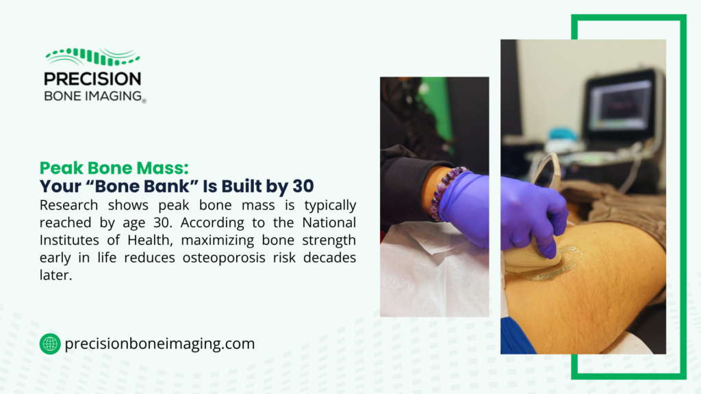 Close-up of medical professional performing ultrasound on arm, illustrating the "bone bank" concept for peak bone mass before age 30.