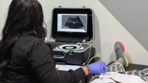 Healthcare professional conducting non-invasive bone density ultrasound scan on leg, showing echographic image on portable device screen.