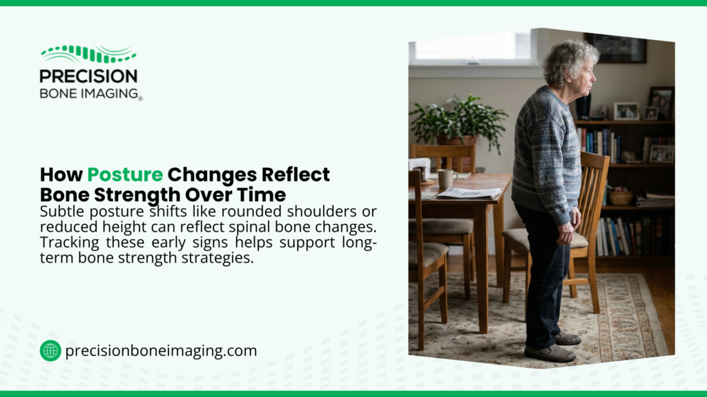 Older woman standing with slightly rounded posture in a home setting, illustrating how subtle posture changes can reflect declining bone strength over time.