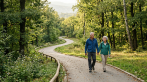 Walking Habits That Support Balance and Reduce Fall Risk. Elderly couple holding hands while walking together on a winding paved path through a lush green forest.