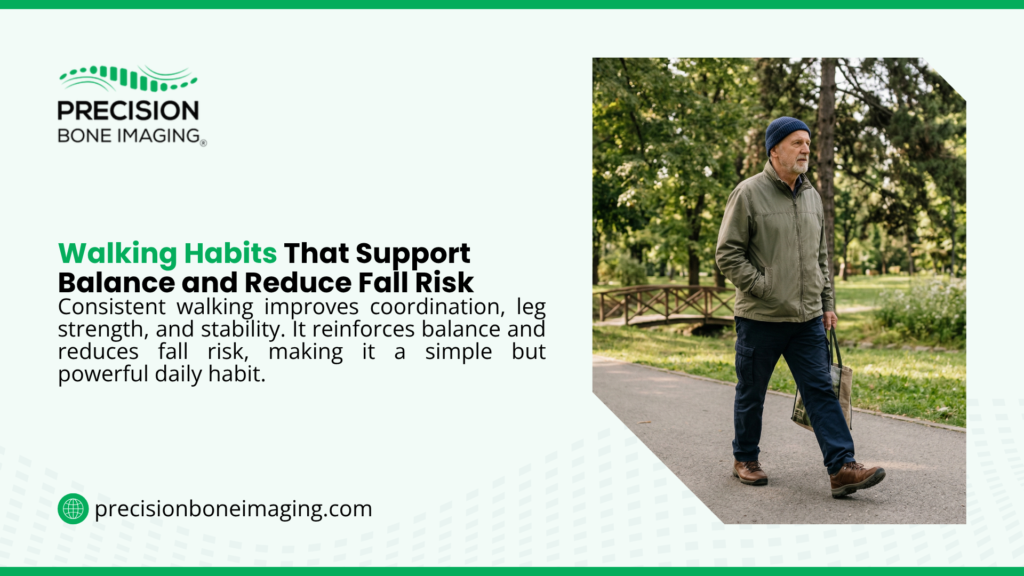 Walking Habits That Support Balance and Reduce Fall Risk. Older man in a beanie walking on a park path with a tote bag, surrounded by green trees and a wooden bridge.