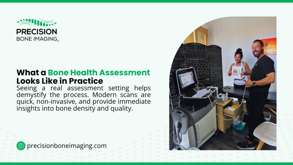 What a Bone Health Assessment Looks Like in Practice. Male technician in black scrubs and female patient holding a scan report standing next to a portable bone density scanning machine in a medical room. 