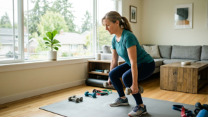 Middle-aged woman doing dumbbell squats at home — can lifestyle changes overcome genetic risk for osteoporosis through weight-bearing exercise.