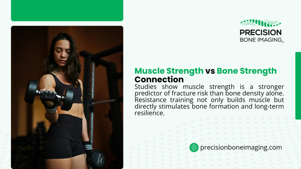 Woman doing dumbbell curls in a gym, illustrating the connection between muscle strength and bone strength through resistance training for fracture prevention.