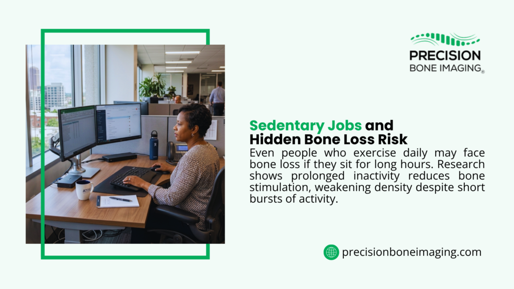 Woman working at an office desk in a sedentary job, sitting for long hours at a computer, highlighting hidden bone loss risk.