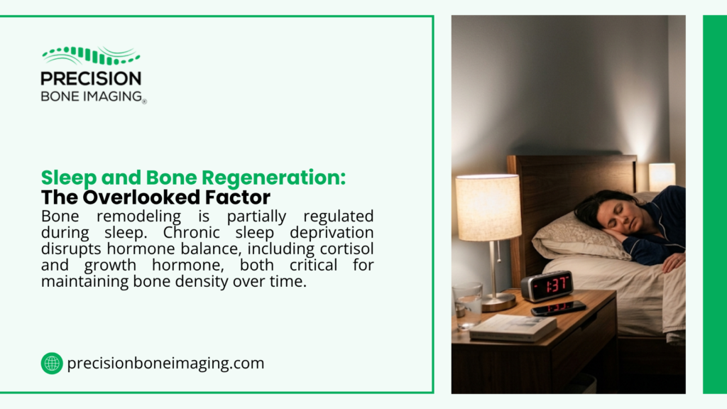 Woman sleeping deeply at night with bedside clock — sleep and bone regeneration as the overlooked factor in maintaining bone density through hormone balance.