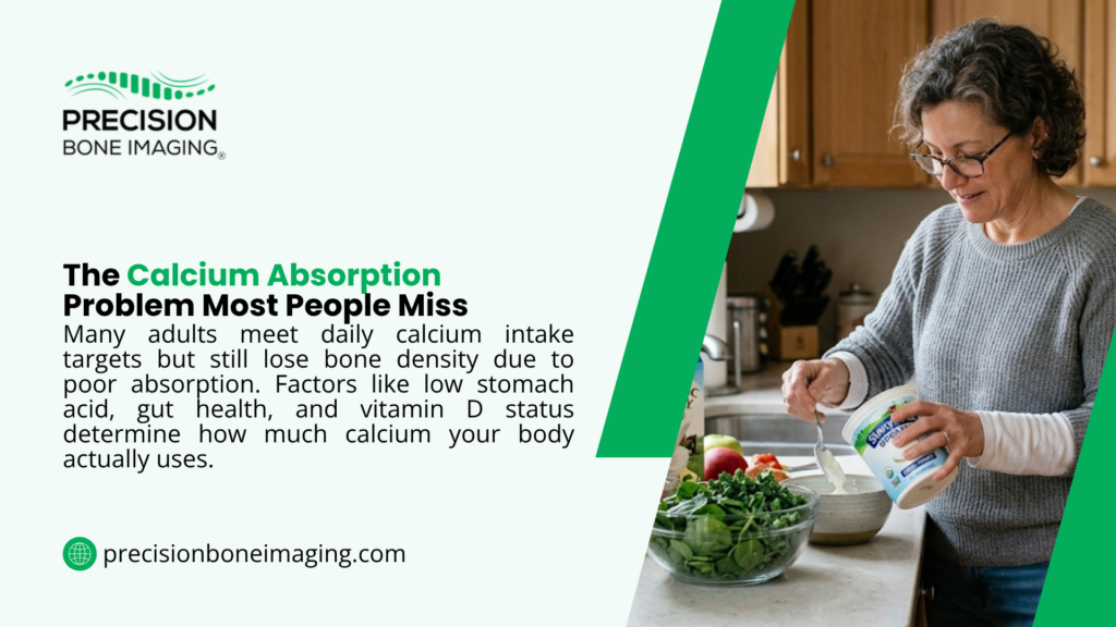 Older woman adding yogurt to leafy green salad in kitchen — the calcium absorption problem most people miss affecting bone density despite adequate intake.