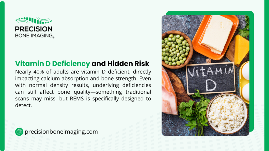 Vitamin D-rich foods including salmon, eggs, cheese, and peas arranged around a chalkboard sign, highlighting the hidden bone health risks of vitamin D deficiency.