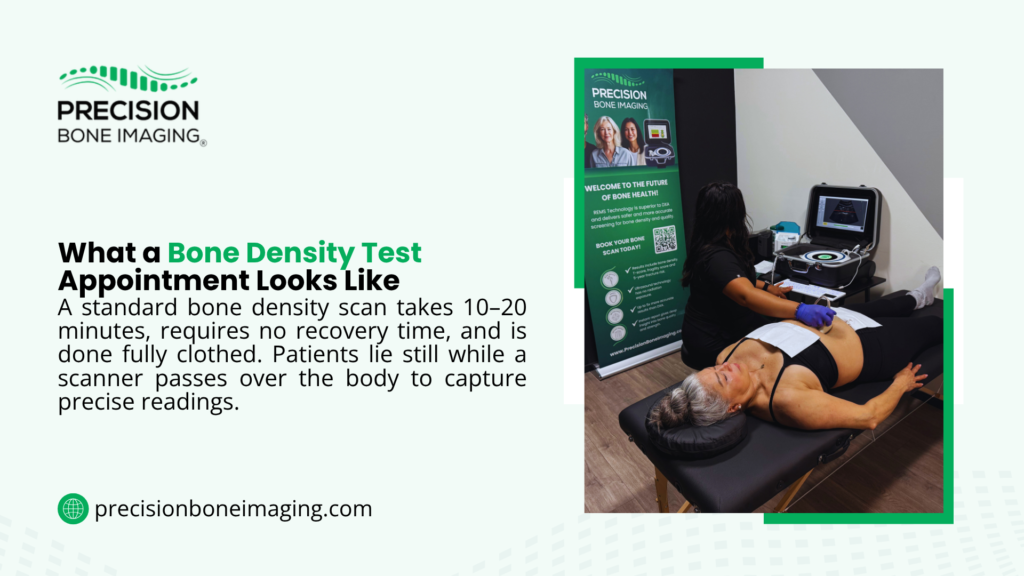 Older woman lying still during REMS bone density scan with technician — what a bone density test appointment looks like in 10–20 minutes fully clothed