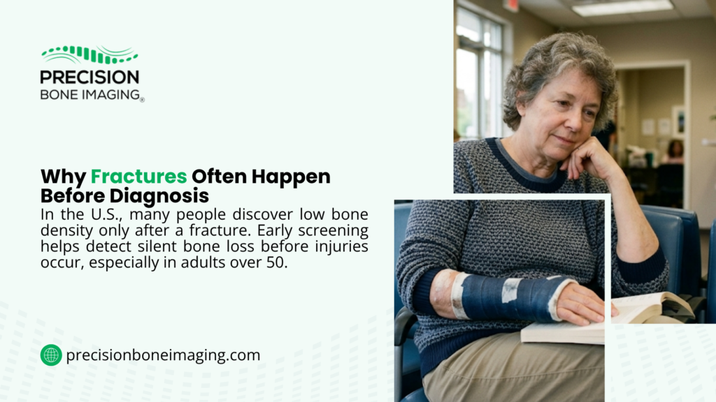 Older woman with wrist fracture in medical waiting room — why fractures often happen before osteoporosis diagnosis highlighting early bone density screening.