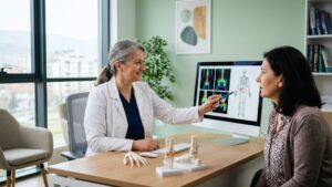 Female physician pointing to bone density scan results on a monitor with skeletal models on the desk, explaining how menopause affects bone density and fracture risk to a patient.