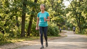 Active older woman walking outdoors holding dumbbells on a tree-lined path, illustrating how to slow bone loss naturally after menopause through weight-bearing exercise.