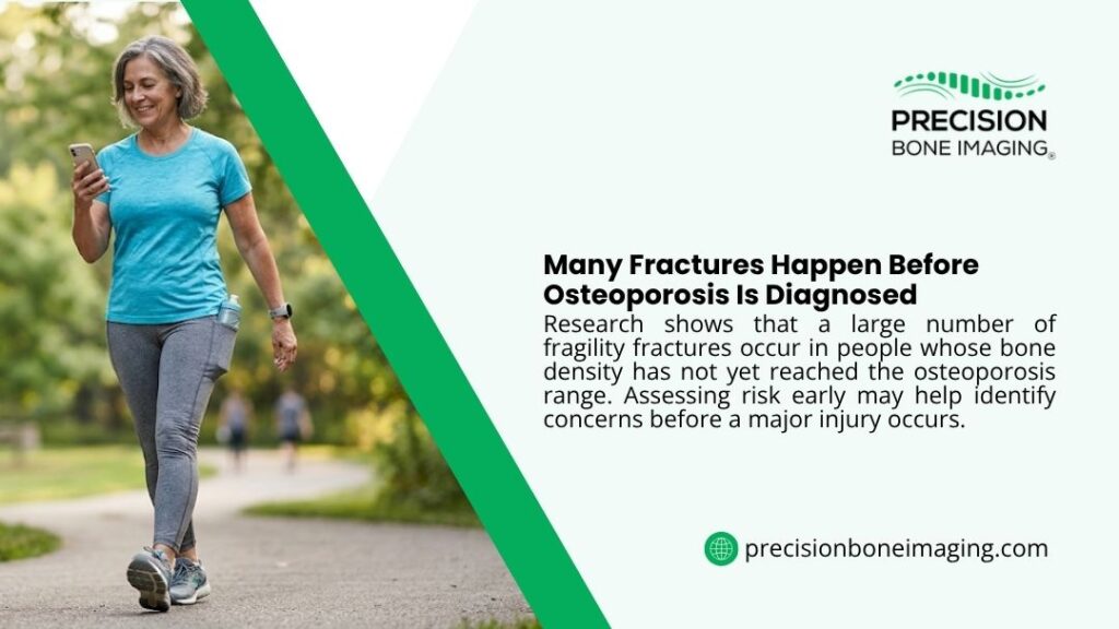Active older woman walking outdoors with a phone, illustrating how many fractures happen before osteoporosis is diagnosed and why early bone risk assessment is important.
