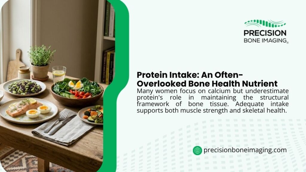 Table spread with salmon, eggs, legumes, and vegetable salads, highlighting protein intake as an often-overlooked bone health nutrient that supports muscle strength and skeletal health.
