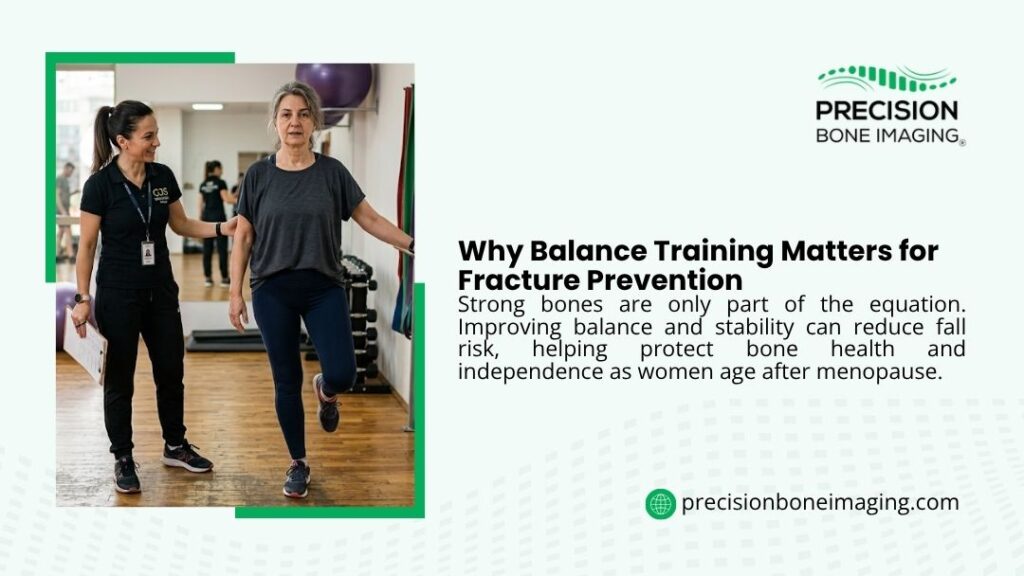 Fitness trainer guiding an older woman through balance exercises in a gym, illustrating why balance training matters for fracture prevention and fall risk reduction after menopause.