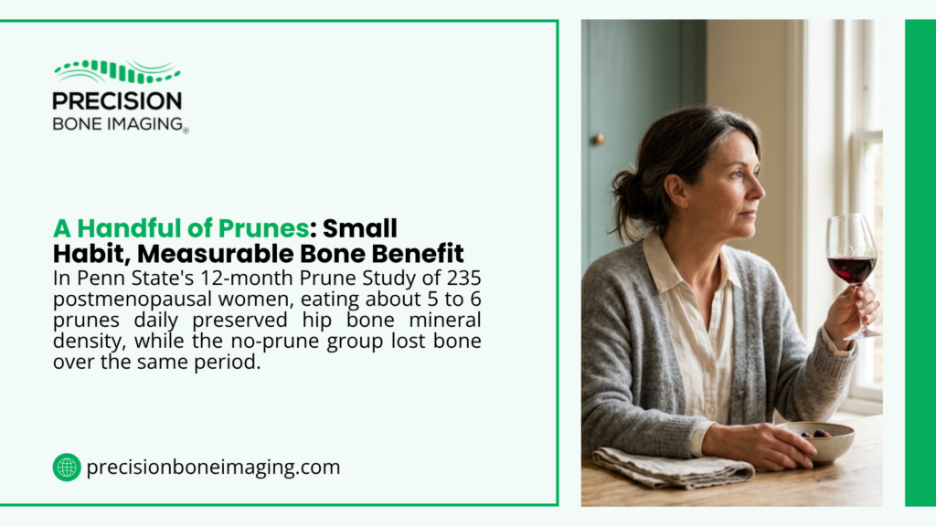 Precision Bone Imaging graphic on prunes for bone health, citing Penn State's study where 5–6 daily prunes preserved hip bone density in postmenopausal women, beside a woman with a wine glass.