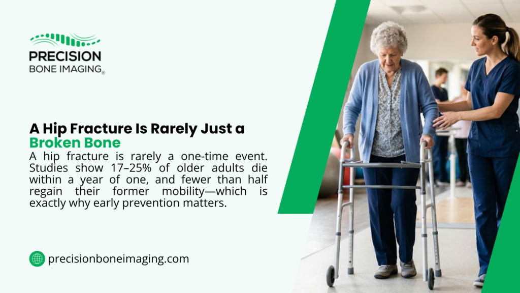Hip fracture recovery in older adults graphic by Precision Bone Imaging showing a nurse helping an elderly woman walk with a walker in rehab