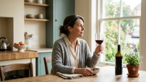 Middle-aged woman holding a glass of red wine at her kitchen table, reflecting how long-term drinking affects bone density over time, with a bottle nearby.