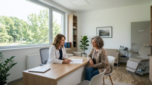 Doctor consulting with a middle-aged woman in a bright medical office, illustrating guidance on what age to start bone monitoring with a family history of osteoporosis.