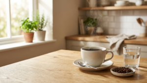Steaming cup of black coffee on a saucer beside a dish of coffee beans and a glass of water, illustrating research on caffeine, bone density and osteoporosis.