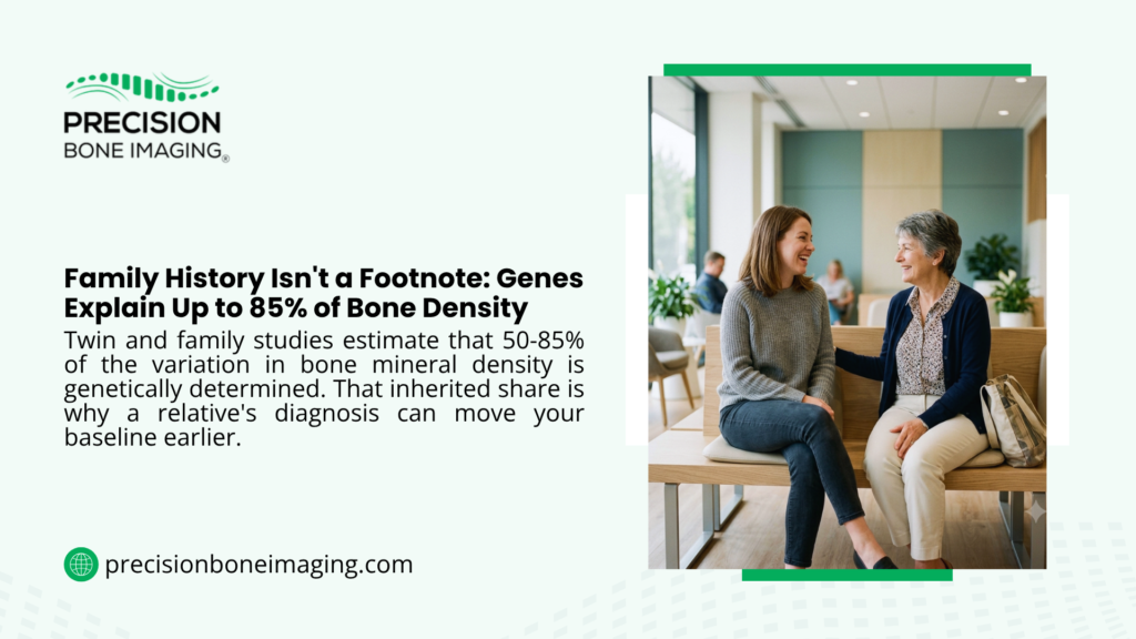 Precision Bone Imaging graphic on genetics and bone density, noting twin studies show 50–85% of variation is inherited, beside a mother and daughter talking together in a clinic waiting room.
