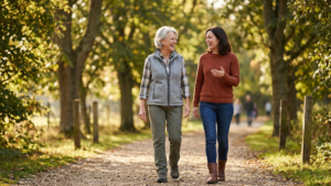 Family history of hip fractures and bone health shown by an older woman and her adult daughter walking and talking together on a tree-lined path.