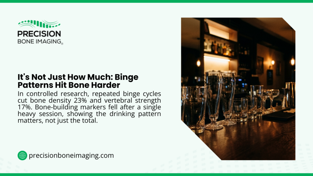 Precision Bone Imaging graphic on how binge drinking patterns hit bone harder, citing research where binge cycles cut bone density 23% and vertebral strength 17%, beside empty glasses on a bar.