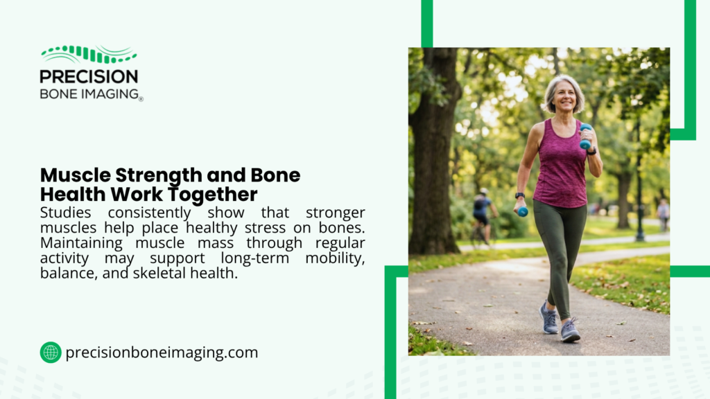Smiling older woman power walking in a park while holding dumbbells, illustrating how muscle strength and bone health work together to support long-term mobility and skeletal health.