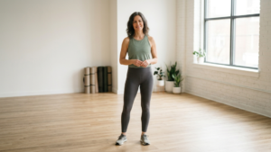 Confident woman in activewear standing in bright yoga studio, with headline "Perimenopause and Bone Loss: Why Early Awareness Matters for Lifelong Bone Health" by Precision Bone Imaging.