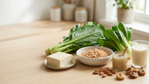 Plant-based calcium foods for bone health on a kitchen counter — tofu, white beans, leafy greens, bok choy, almonds, tahini, dried figs and fortified plant milk.