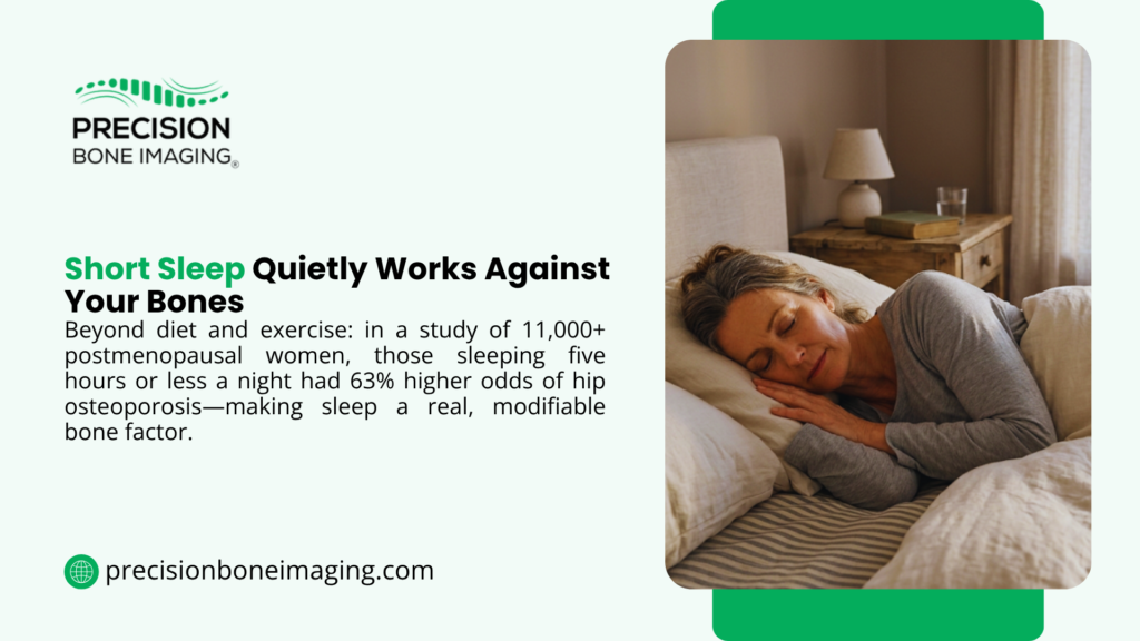 Sleep and bone health graphic by Precision Bone Imaging showing an older woman sleeping peacefully in bed in a softly lit bedroom