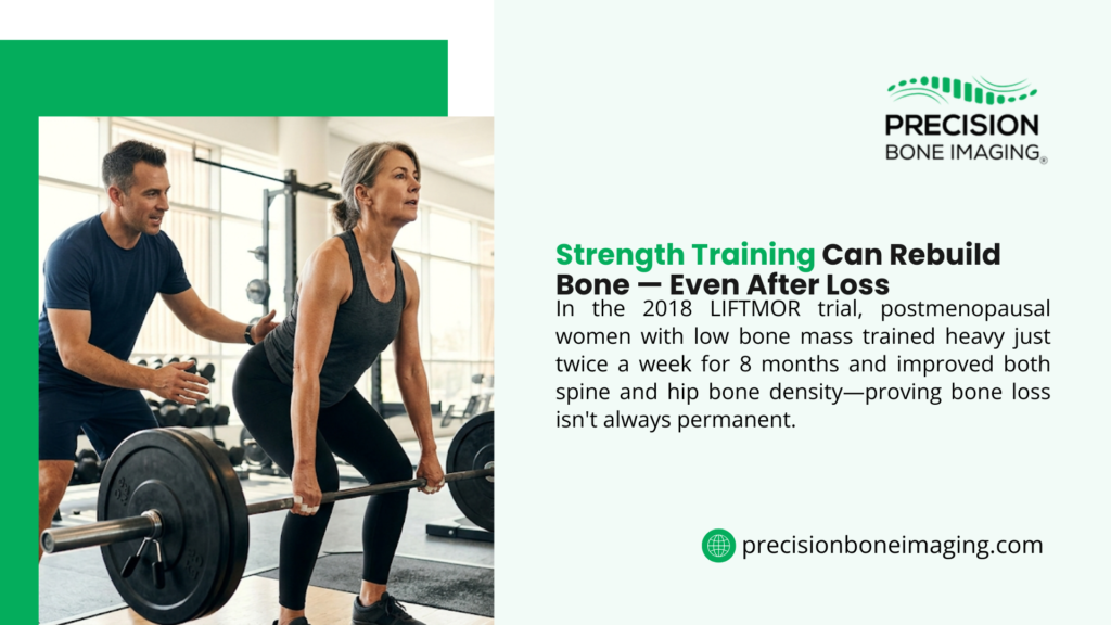 Strength training for bone density graphic by Precision Bone Imaging showing a trainer coaching an older woman doing a barbell deadlift in a gym