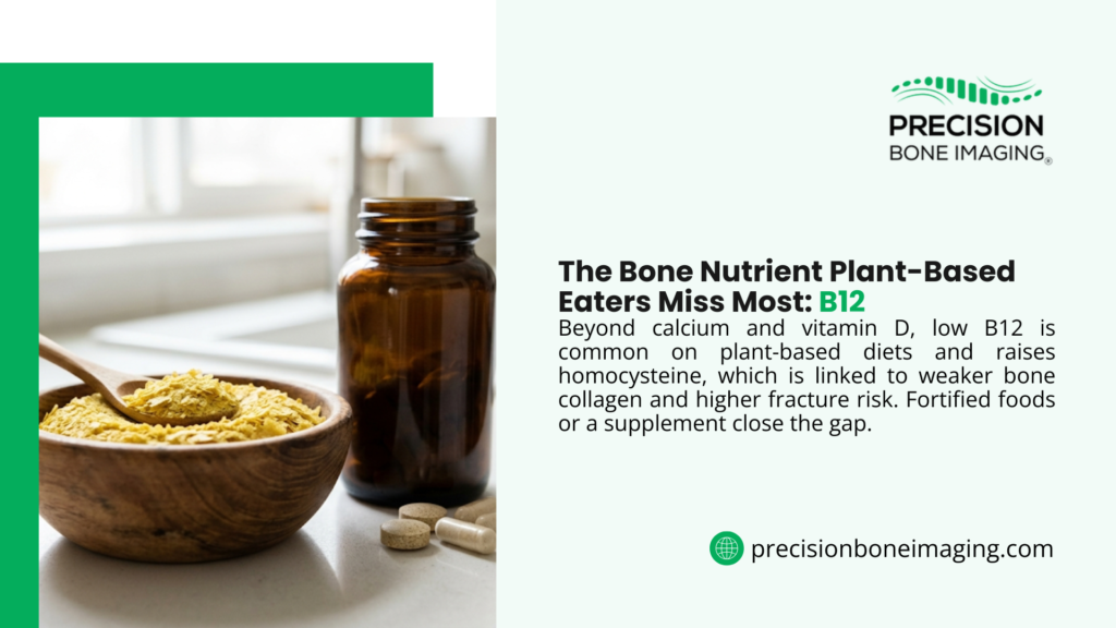 Precision Bone Imaging graphic on vitamin B12, the bone nutrient plant-based eaters miss most, noting low B12 raises homocysteine and fracture risk, beside nutritional yeast and supplements.