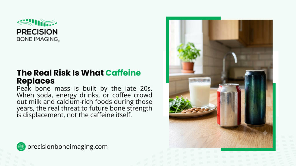 Precision Bone Imaging graphic on how caffeine drinks harm bones by displacing milk and calcium foods before peak bone mass forms, beside soda and energy cans next to milk, greens and almonds.