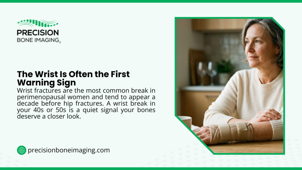Older woman with wrist brace sitting thoughtfully at a table, with headline "The Wrist Is Often the First Warning Sign" by Precision Bone Imaging.