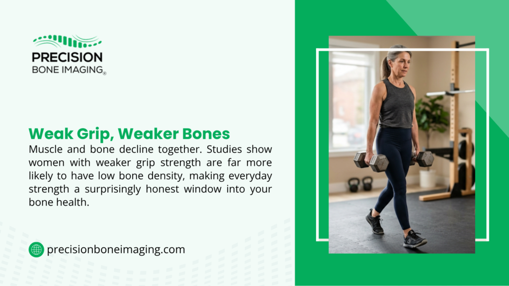 Woman lifting dumbbells in fitness studio, with headline "Weak Grip, Weaker Bones" by Precision Bone Imaging.
