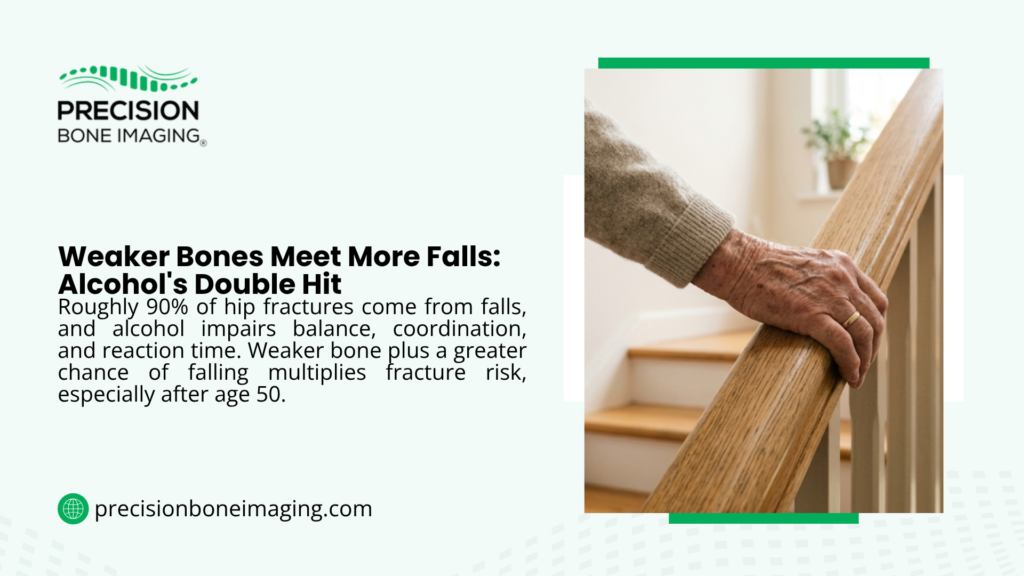 Precision Bone Imaging graphic on alcohol's double hit to bones, noting 90% of hip fractures come from falls and alcohol impairs balance, beside an older person's hand gripping a stair handrail.