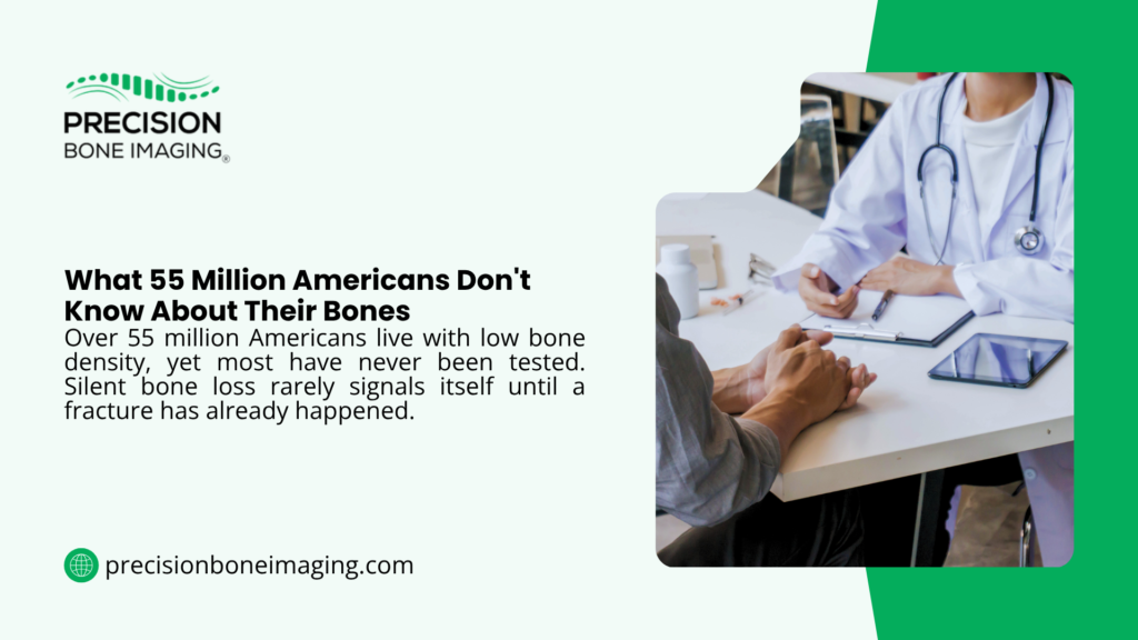 Doctor consulting patient about bone density testing, addressing what 55 million Americans don't know about silent bone loss before fracture occurs.