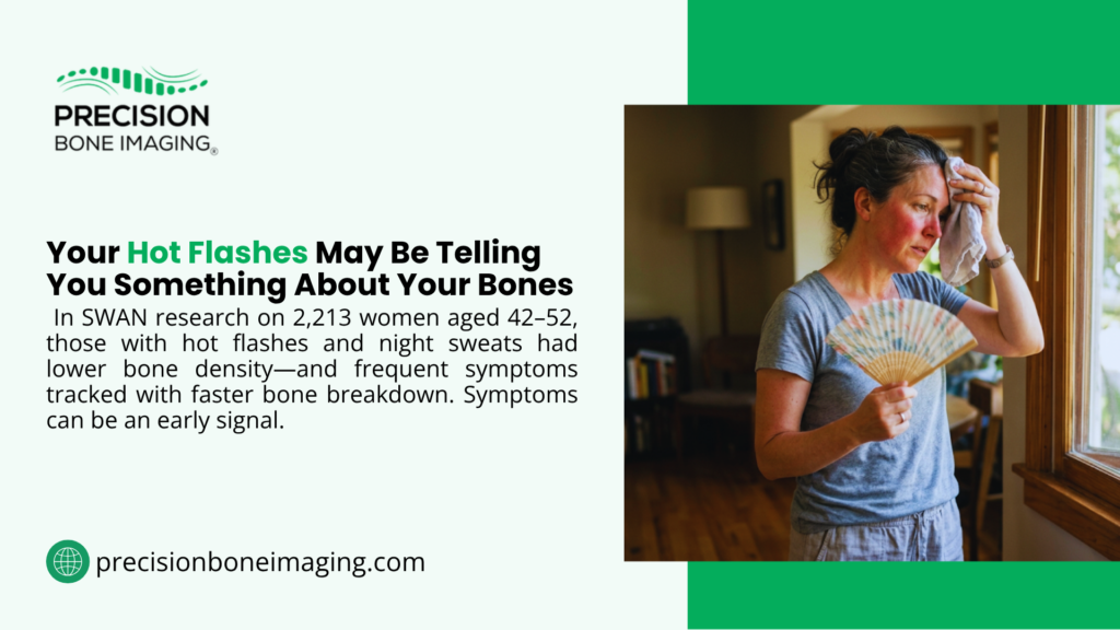 Hot flashes and bone density graphic by Precision Bone Imaging showing a woman fanning herself and wiping her forehead during a hot flash at home.